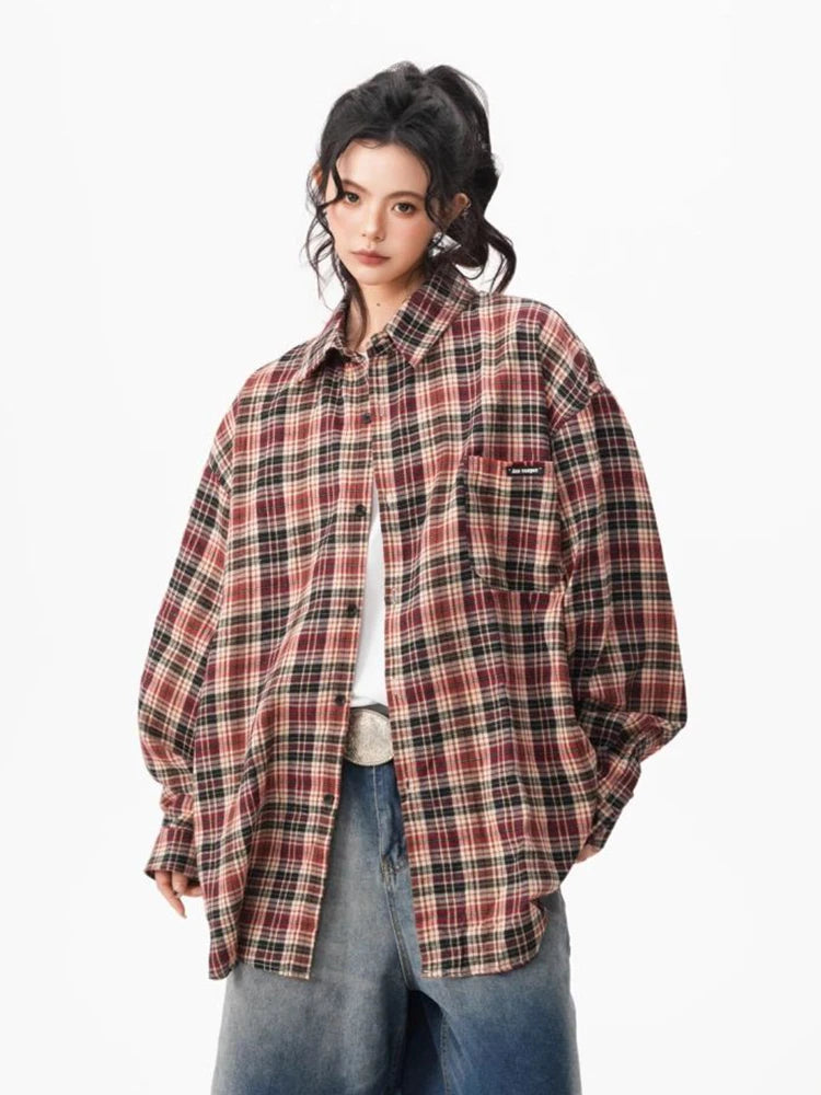 Bf Harajuku Plaid Shirts Women Loose Oversize Hip Hop Streetwear Blouse Long Sleeve Vintage American Fall New Female Tops voguable