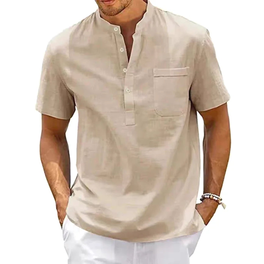 Voguable  Slim Fit Cotton Linen irt Men's f Open Collar ort Sve Breathable Workwear irt Henry Collar Smo Trendy Summer voguable
