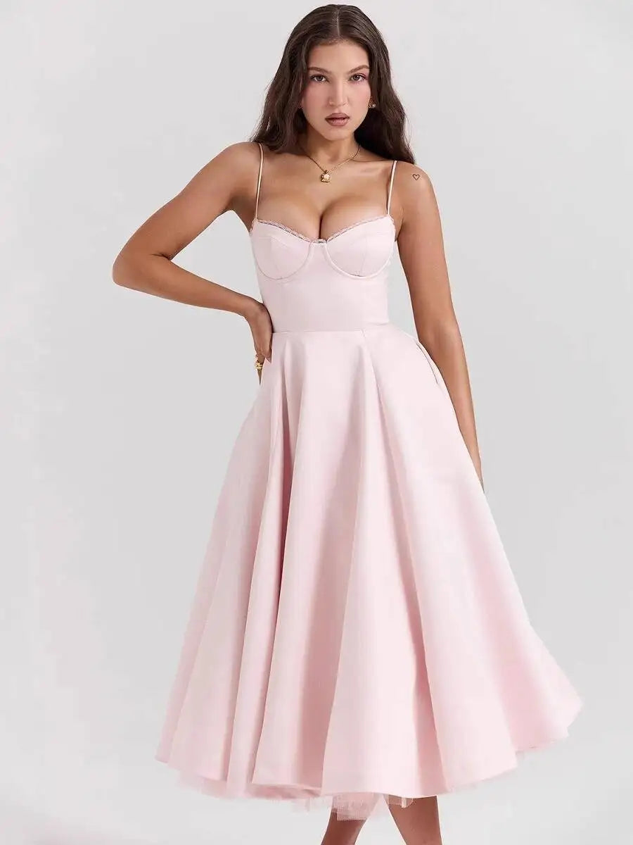Summer Flare Midi Dress Elegant 2025 New Arrivals Spaghetti Strap Bustier Dress Women Dresses Sweet Pink Women Tops CHP1 voguable
