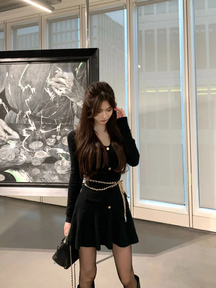 Voguable Casual Autumn White Knitted Sweater Mini Dress Women Black Elegant Lady Dresses Fashion Party Pure Color One Piece Dress voguable