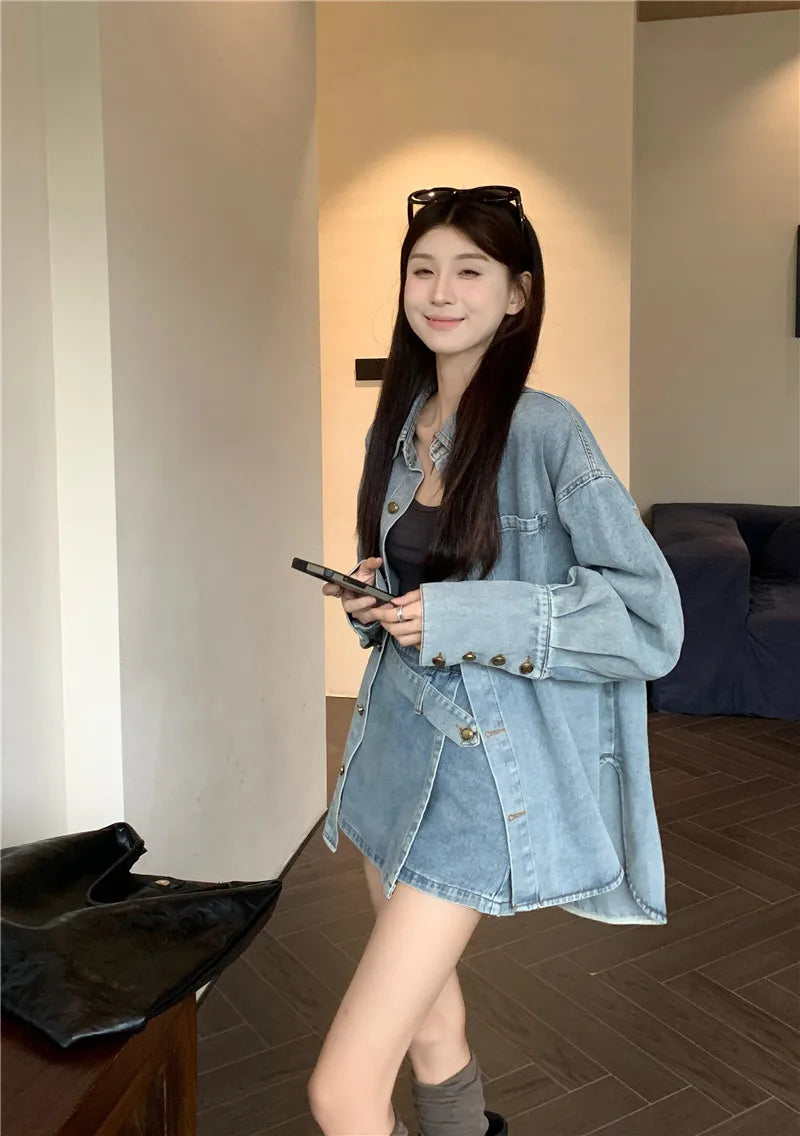Voguable 2024 Spring New Streetwear Distressed Loose Casual Denim Long-sleeved Shirt Women + Asymmetric Sexy A-line Skirt Two-piece Suit voguable