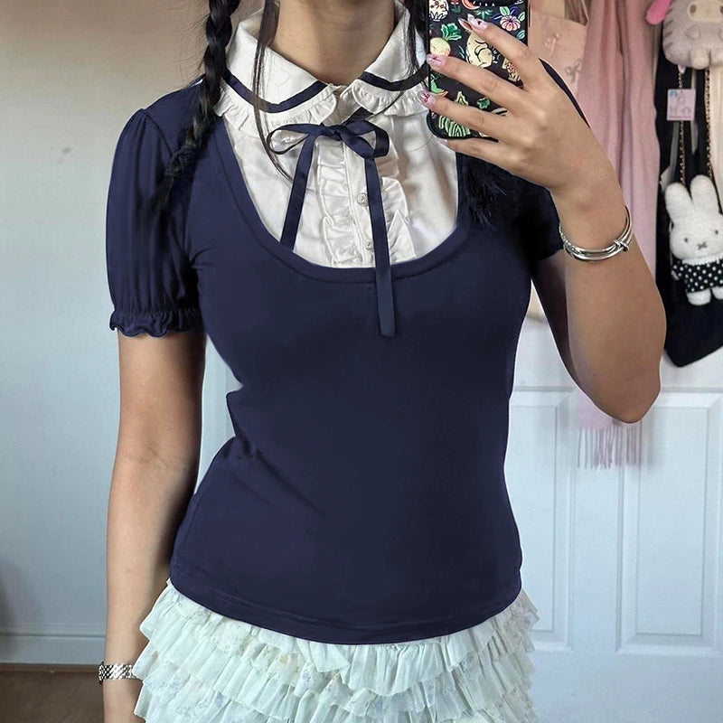 Voguable Preppy Style Contrast Patchwork Bow Peter Pan Collar Top Women's Summer Cute Puff Sleeve T-shirt Y2K voguable