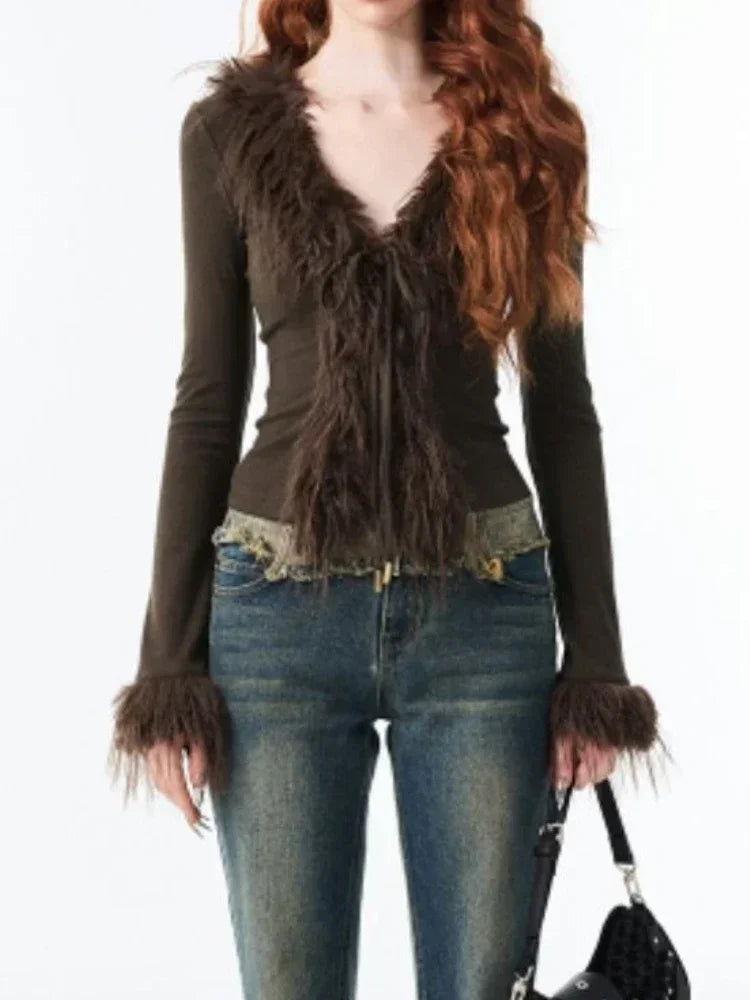 Y2k Aesthetic V-neck Jacket Women Korean Sexy Fashion Cardigan  Harajuku Vintage Bandage Fur Patchwork Coat 2024 Spring Chic voguable