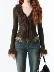 Y2k Aesthetic V-neck Jacket Women Korean Sexy Fashion Cardigan  Harajuku Vintage Bandage Fur Patchwork Coat 2024 Spring Chic voguable