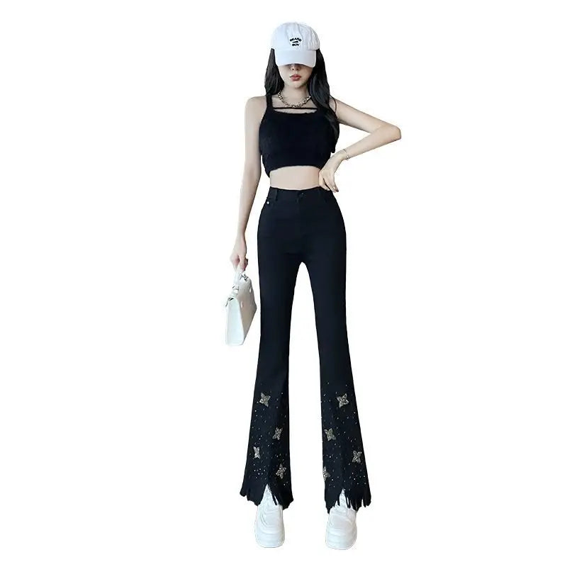 Voguable  Star Hot Diamond Bead Imitation Denim Black Leggings Women Spring Summer New High-waisted Slim Tassel Micro-flare Trousers voguable