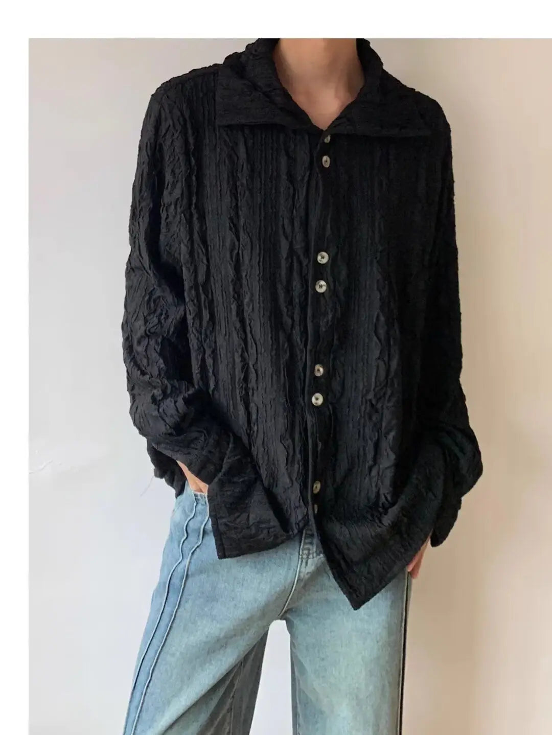 High-end Pleated Texture Shirt Men Draped Loose Casual Top French Retro Long-sleeved Shirt Unisex Vintage Elegant Button Blouse voguable