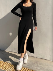 Black Long Velour Side Split Dress mysite