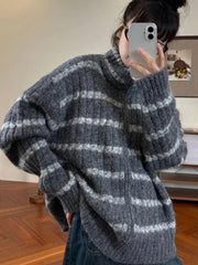 Lazy Wind Vintage Striped Cardigan Women Casual Preppy Style Loose Knitted Sweaters Japan Retro Stand Up Collar Long Sleeve Tops voguable