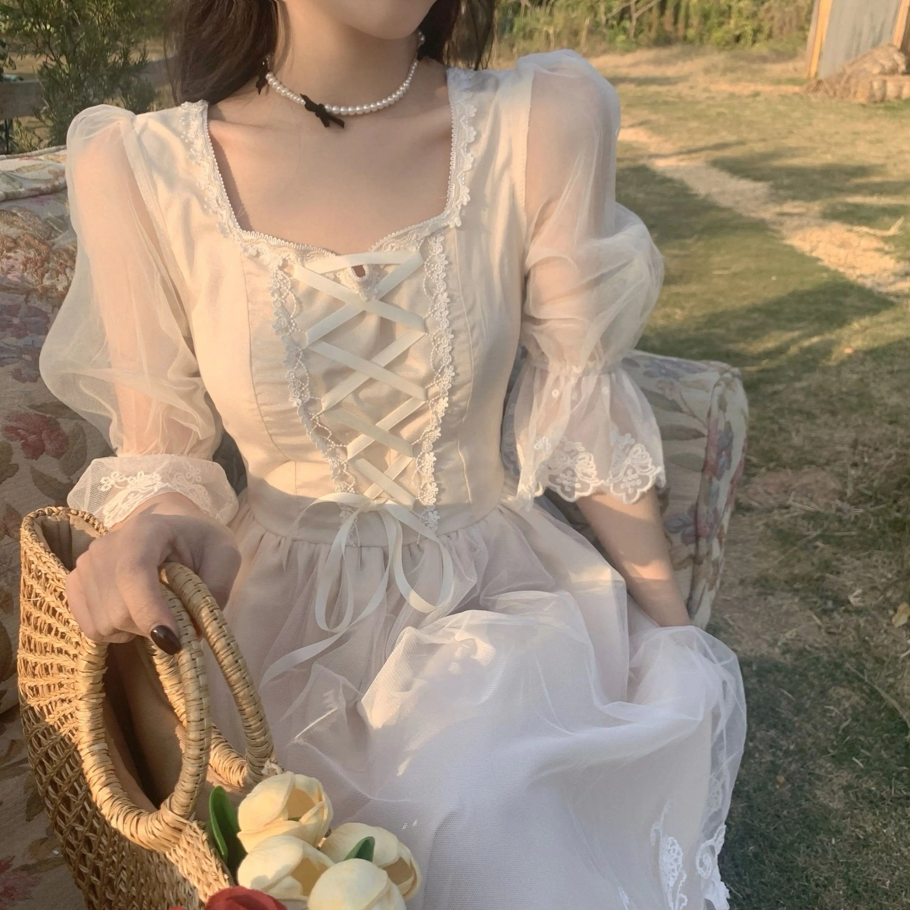 Voguable  Spring Summer New French Style Women Dress 3/4 Sleeve Fairy Casual Long Dress Square Collar Patchwork Lace Party Dress voguable