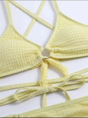 Voguable Sexy Yellow Bikini Women Solid Halter Ring Linked Criss Cross Cover Up 3 Piece Swimsuit 2024 Bathing Suit Ruffles Skirt Swimwear voguable