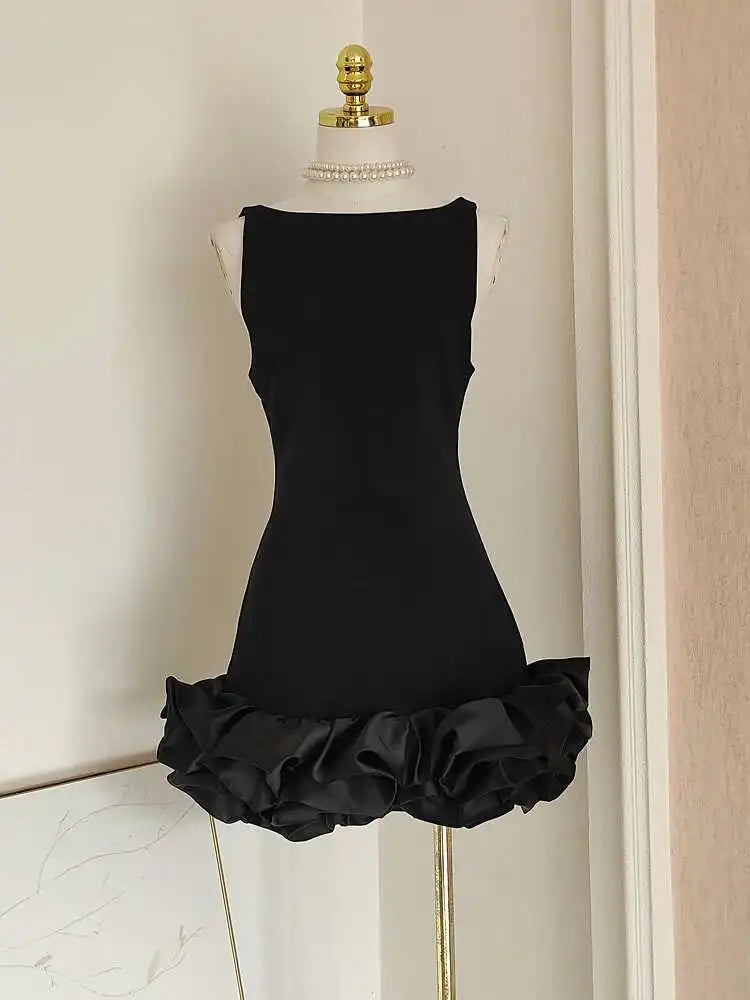 Spring French Style Splicing Halter Dress Woman Backless Slash Neck Solid Sleeveless Short Dresses Wave Cut voguable