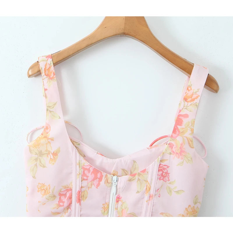 New Women Floral Print Pink Bone Slim Tank Top Pleated Ruffle Hem Summer Corset Crop Top Holiday ropa de mujer voguable