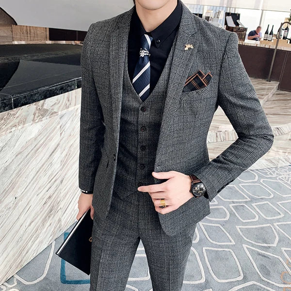 Voguable S-7XL ( Blazer + Vest + Pants ) Groom Wedding Dress Dark Plaid Classic Retro Men's Formal Business Suit Three-Piece Set voguable