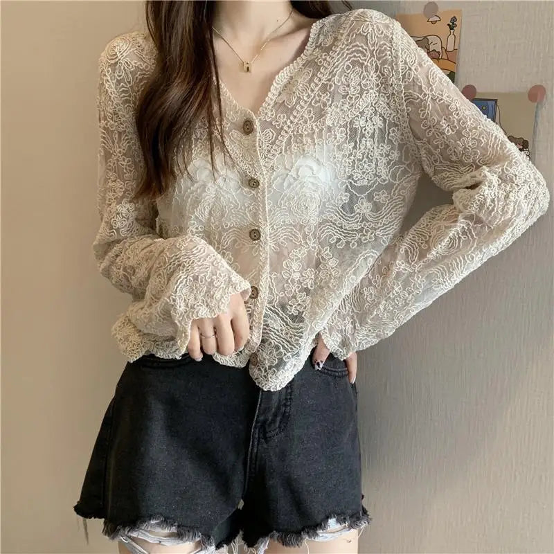 Voguable  Hollow Out Lace Summer Cardigan Women Korean Style V Neck Embroidered Floral Shirt Woman Lightweight Thin Solid Long Sleeve Top voguable