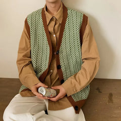 Sweater Vest Men Retro Handsome Knitwear High Street Fashion Clothing Harajuku All-match Autumn Cool Teens V-neck Kpop Japanese voguable