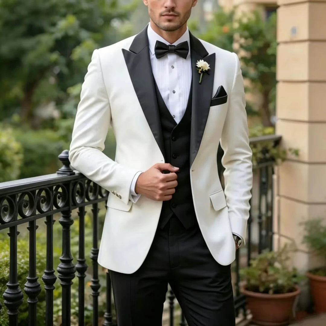 Voguable  Men Suit White 3 Pieces Single Button With Lapel For Wedding Birthday Banquet Party Business Work Office Jacket Vest Pant voguable