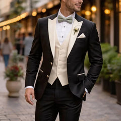 Voguable  Men Suit Black Ivory 3 Pieces Single Button With Lapel For Wedding Birthday Banquet Party Business Work Office Jacket Vest Pant voguable