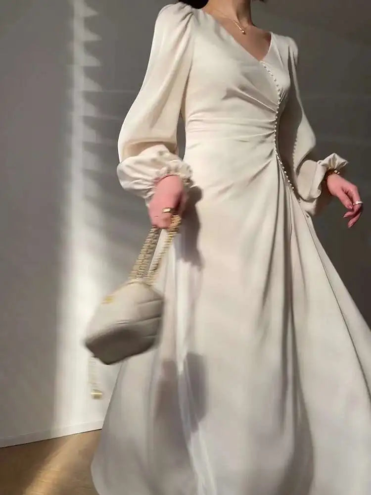 Classic French Dress Women's Long Sleeve V-neck Beaded Slim Solid Color Female Dresses Fashion Summer New voguable