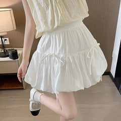 Voguable  Sweet Bow Pleated Fluffy Skirts for Women Summer Korean Style Elastic Waist Lantern Skirt Woman Loose White A-Line Short Skirts voguable