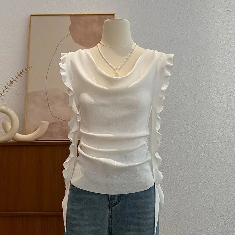 Voguable  Premium Minority Flying Sleeve Knit Tshirts Draped Neckline Lace Up Unique Mujer Camisetas Slim Elegant Casual Moda Tops voguable