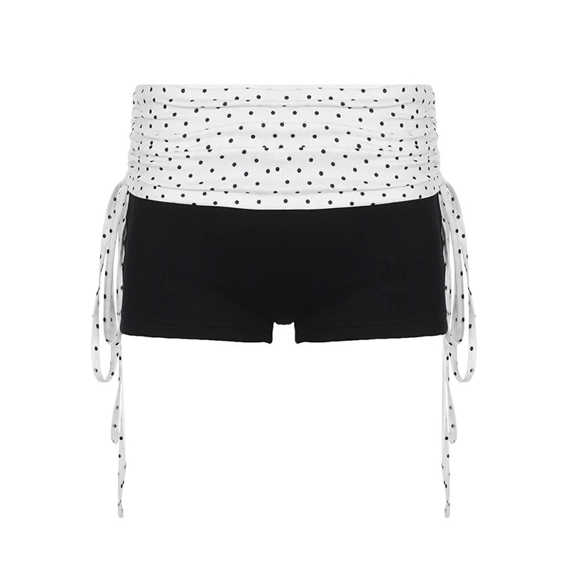 Voguable  New Fashion Polka Dot High Waist Folds Lace Up Drawstring Shorts Contrasting Colors Casual Biker Sporty Hot Sexy Femme Pants voguable