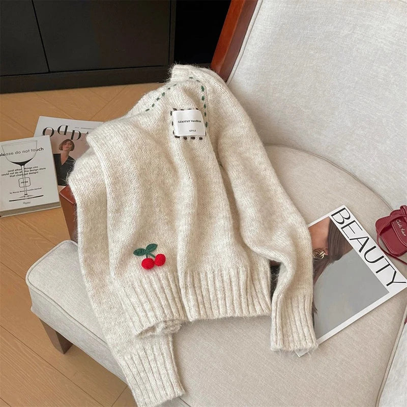 Cute 3D Cherry Sweaters Women Lazy Wind Long Sleeve Knitted Jumpers Japan Loose O Neck Female Kawaii Sweet Pullovers Tops voguable
