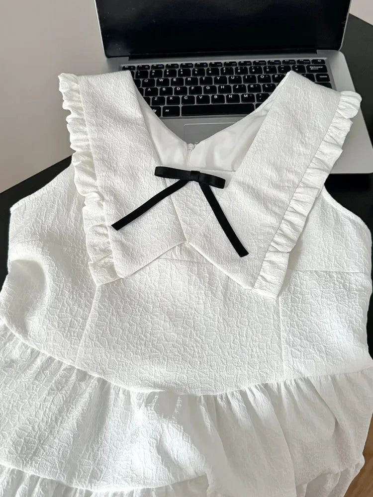 Voguable  Preppy Style Design White One-Piece Frocks Sleeveless Off Shoulder Party 90s Women Sweet A-Line Dress Casual Bow Vestidos New voguable