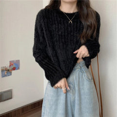 Fuzzy Knit Top Women Pullover Long Sleeve Plain Crop Sweate Pink Fluffy Jumper for Women Teen-girl Fall Winter Y2K Outfit voguable
