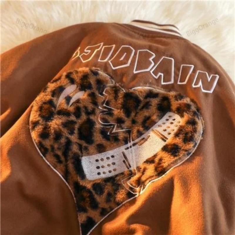 Love Embroidered Jacket Women Clothing Street Vintage Leopard Print Flocking Coat Women Jacket Loose Jackets for Women Clothes