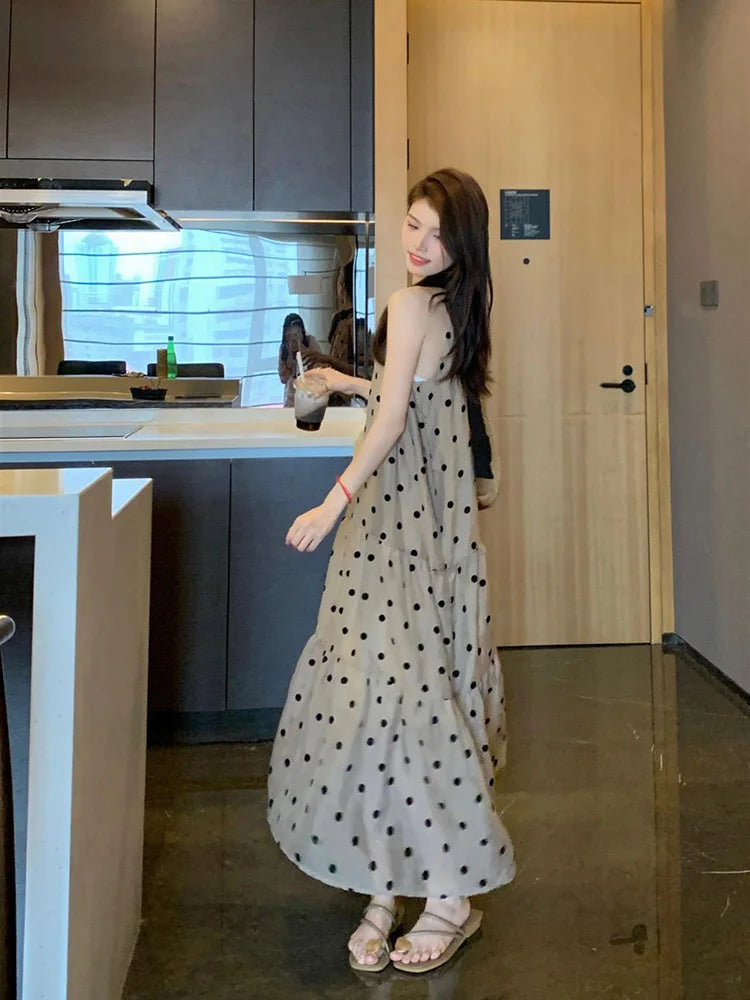 Woman Dress Sleeveless Polka Dot Bandage Halter Ruffles Stand Collar Loose Sweet Elegant Dresses Female Casual voguable