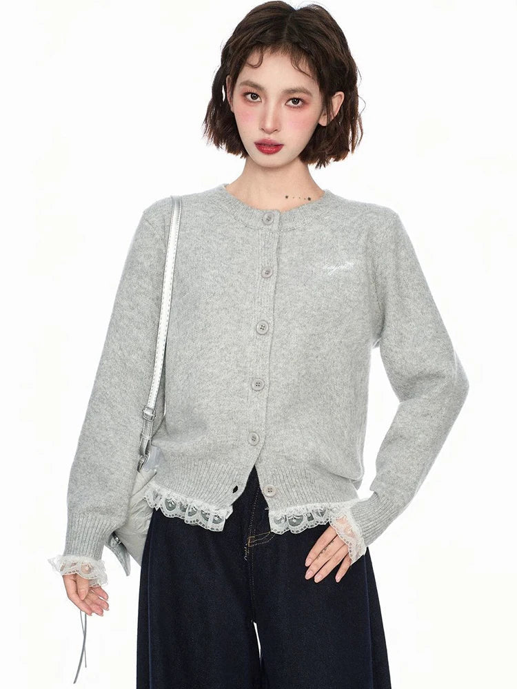 Lace Patchwork Retro Cardigan Women Streetwear Long Sleeve O Neck Knitted Sweaters American Casual Letter Vintage Fall Tops voguable