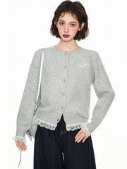 Lace Patchwork Retro Cardigan Women Streetwear Long Sleeve O Neck Knitted Sweaters American Casual Letter Vintage Fall Tops voguable