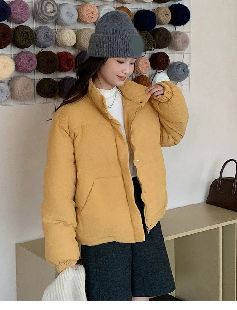 Women Sweet Corduroy Parkas Warm Long Sleeve Retro Stand Collar Cotton Coat Winter Thick Casual Preppy Style Korean Jacket voguable