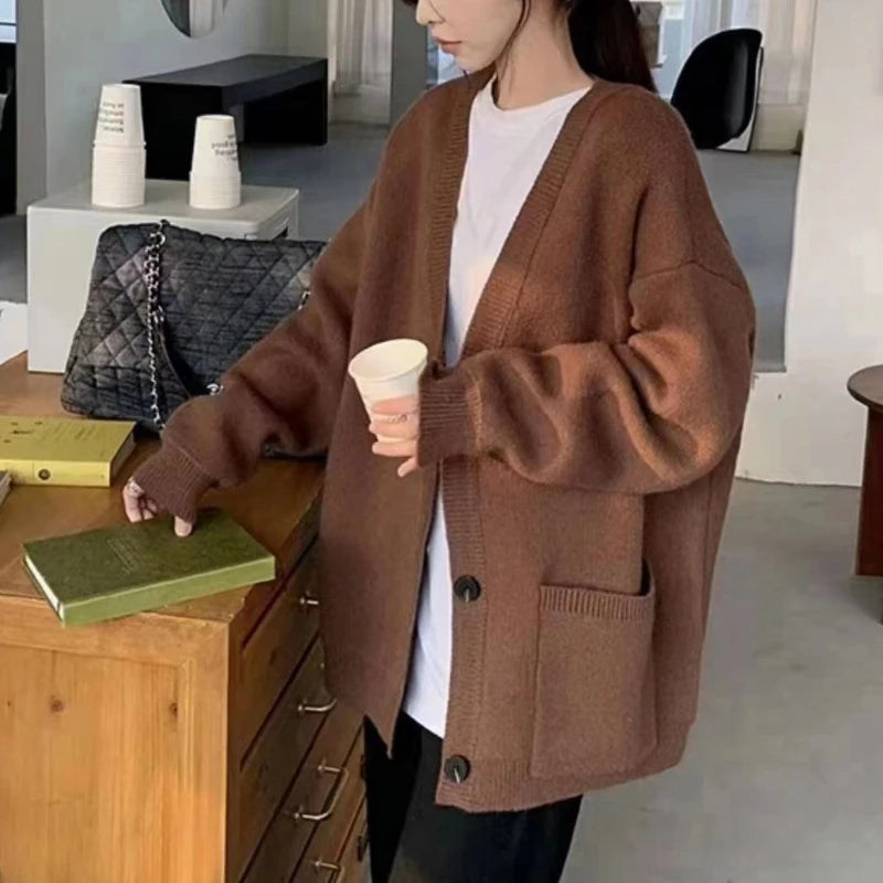 Slouchy Knit Cardigan Sweater for Women Long Sleeve V-neck Comfy Button Up Sweater Jacket Female Autumn Winter Casual Outfit voguable