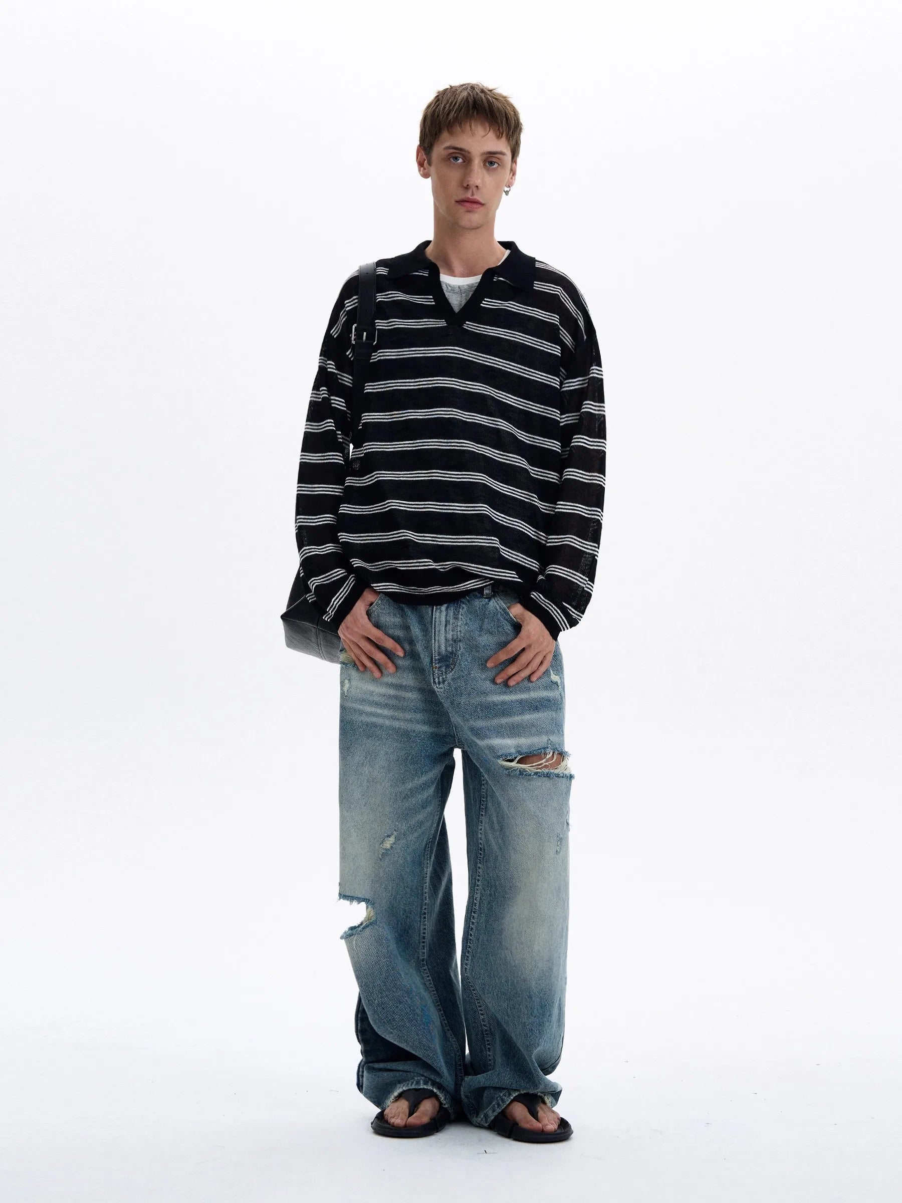 American Retro Striped Contrasting Color V-neck Long-sleeved Polo Shirt Men Women Loose Casual Bottoming Trendy Tops Aesthetic voguable