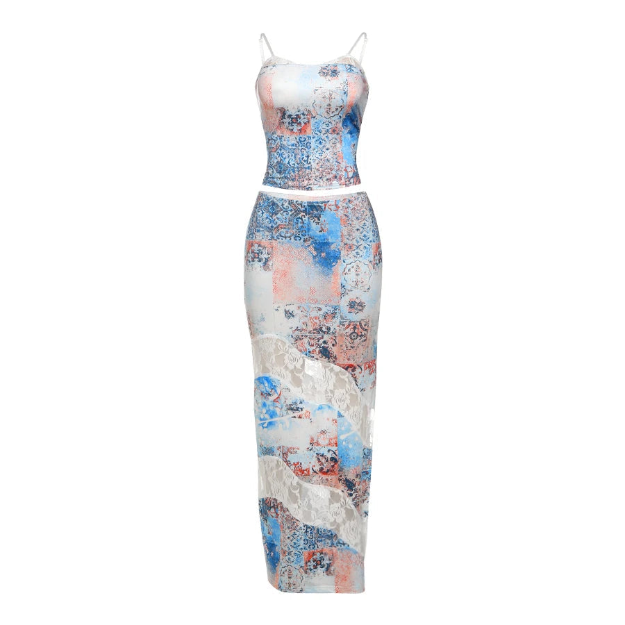 Colorful Fashion Print 2 Piece Set Women Sexy Backless Camisole+Mesh Patchwork Long Skirts Vacation Streetwear Outfits voguable