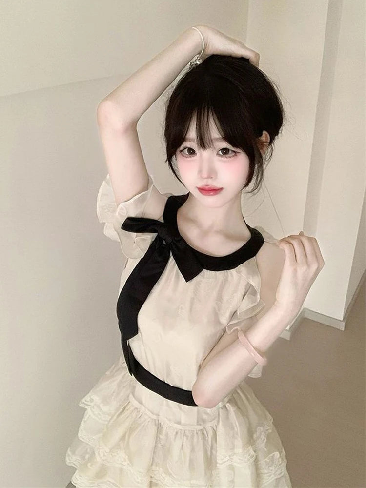 Off Shoulder Bow Sweet Dress Women Vintage O Neck Casual Elegant Mini Dress Lace Patchwork Retro Slim Lady Summer Vestidos voguable