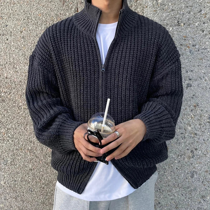 Autumn Men's Luxury Knitted Zipper Cardigan Sweater Stand Collar Solid Color Long Sleeve Casual Streetwear Coat Fashion Knitwear voguable