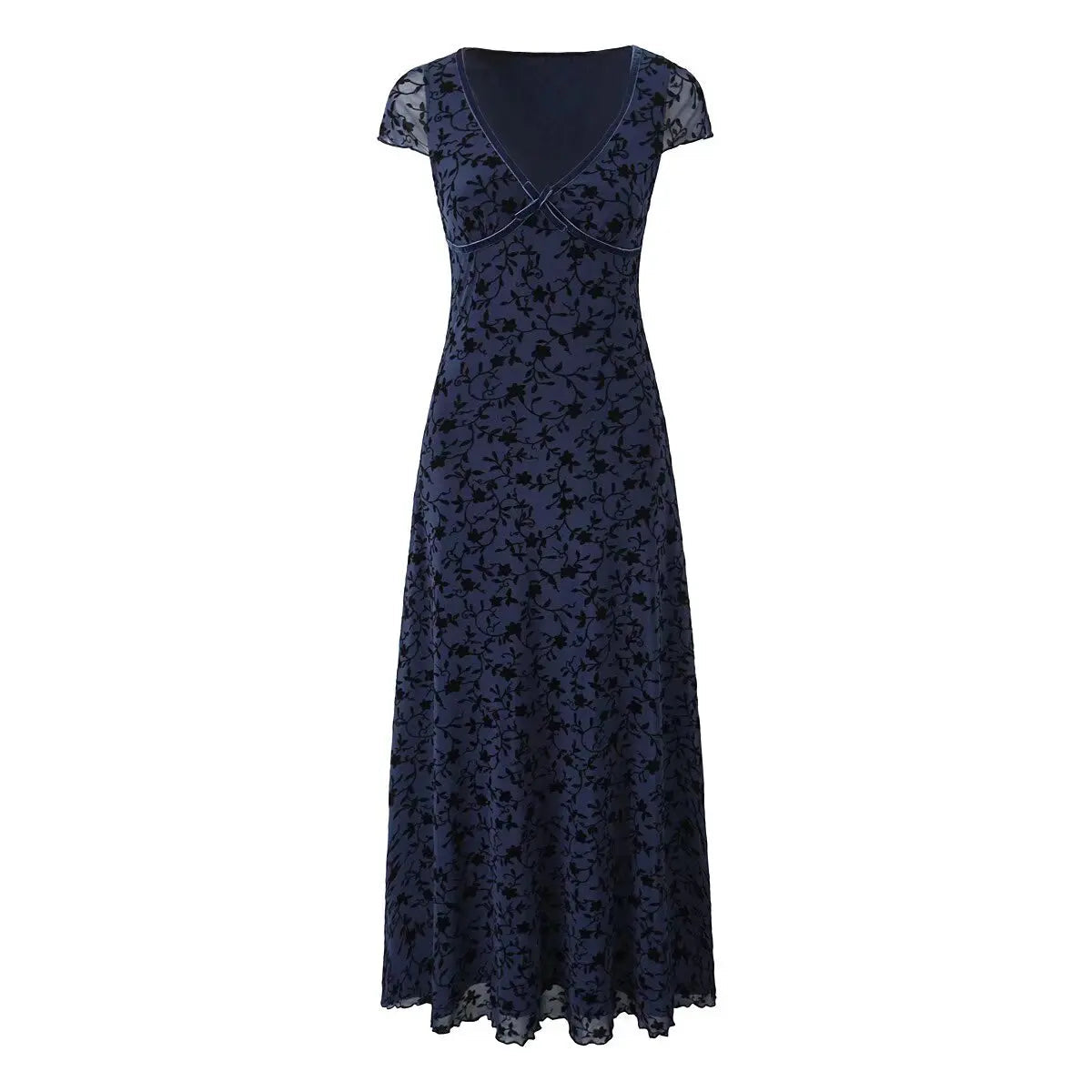 New Women Navy Blue Floral Print Mesh A-line Midi Dress High Waist V Neck Short Sleeve Summer Dresses Vintage  Robe voguable
