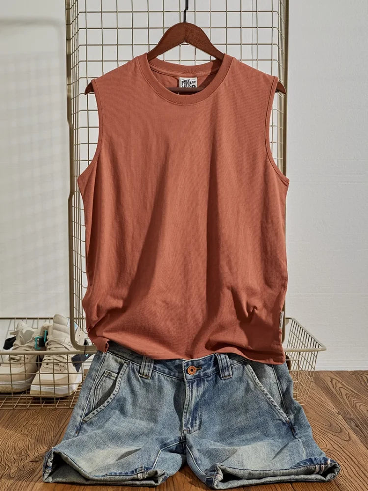 Voguable  Summer New American Retro Sleeveless O-neck Soild Color T-shirt Men's Fashion 100% Cotton Washed Old Casual Sports Vest Tops voguable