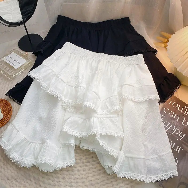 Voguable Elastic Waist White Black Irregular Mini Kawaii Skirt Japanese Style School Y2k Aesthetic Ruffles Short Skirt Women Streetwear voguable