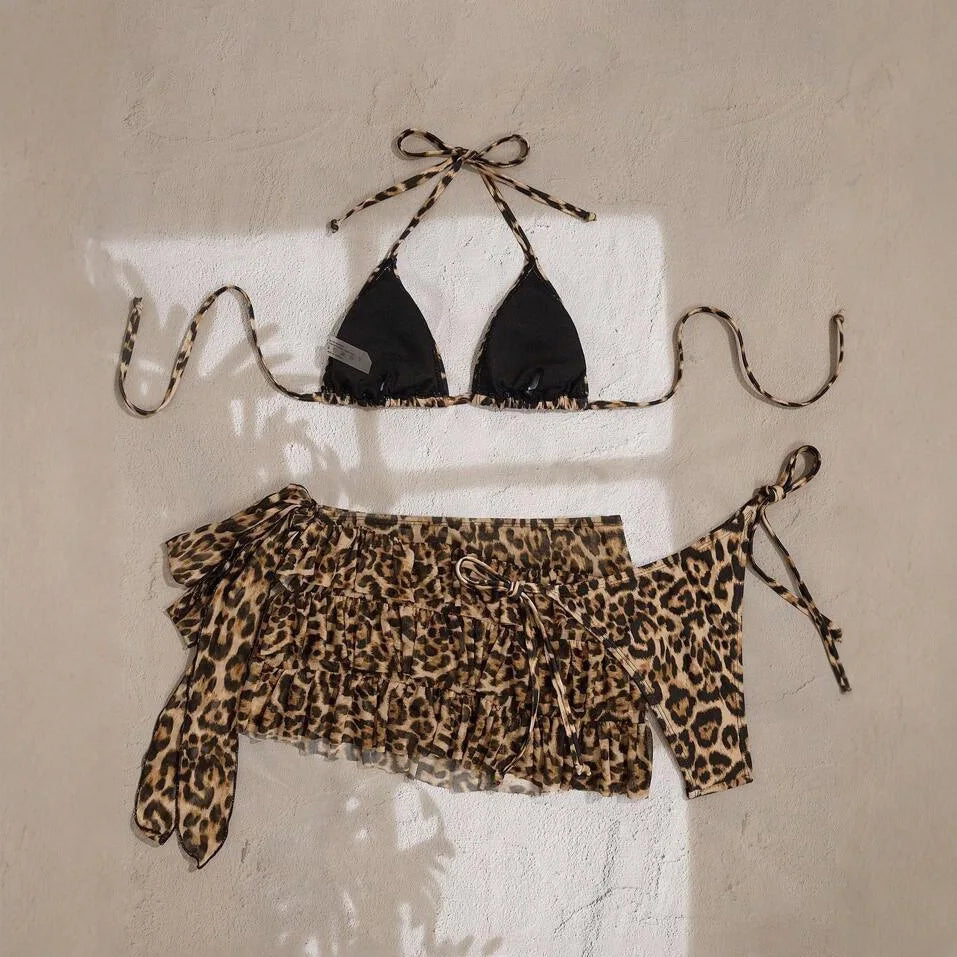 Voguable  Women Classic Leopard Print 3 Piece Bikini Set Halter Triangle Top Side Tie Bikinis Tiered Ruffle Mesh Wrap Skirt Beach Swimwear voguable