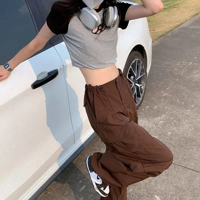 Y2K Brown Drawstring Cargo Pants Women Vintage Hip Hop Streetwear Baggy Pocket Wide Leg Trousers Summer Casual Straight Pants voguable