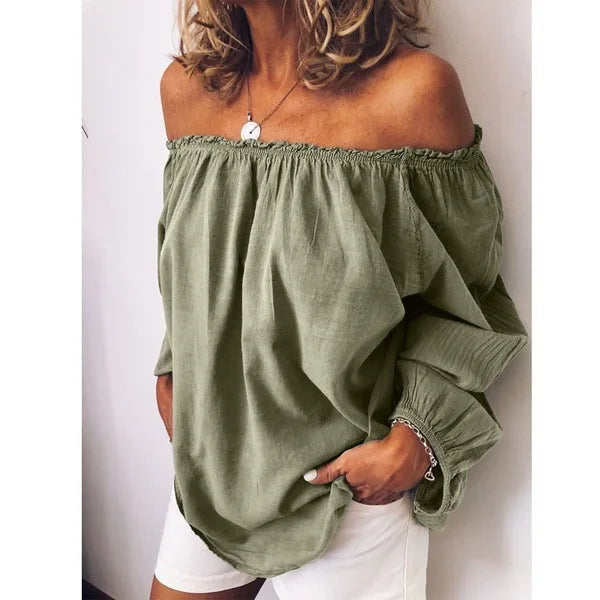 Voguable  Oversized Off Shoulder Casual Slash Neck Pleated Solid Color Long Sleeved Blouse Spring  Lightweight Loose Simple Women's Shirt voguable