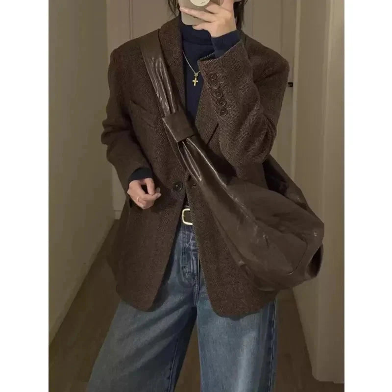 Retro Faux Woolen Blazer Coat Women Harajuku Long Sleeve Fall Winter Y2K Jacket Streetwear American Casual Lady Suit Coat voguable