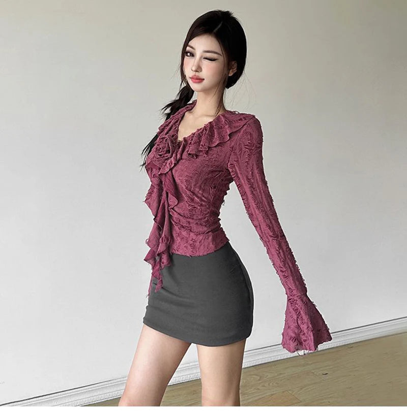 3D Floral Ruffles Y2K T Shirts Women Slim Long Sleeve Hole Gothic Tops Streetwear Harajuku Vintage Lady V Neck Design Tees voguable