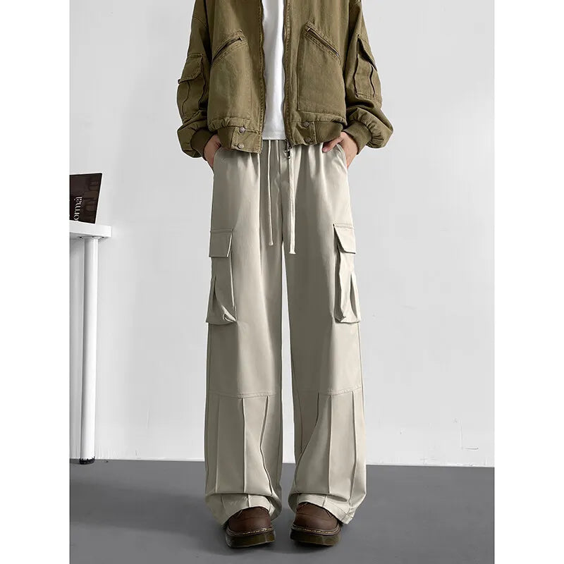 Spring Unisex Loose Wide Leg Cargo Pants Elastic Waist Side Pocket Workwear Casual Wear Trendy Men Women Outdoor Comfort Pleats voguable