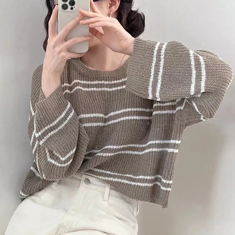 Pullover Women Striped Knit Sweater Comfy Lightweight Long Sleeve Crew Neck Jumper Female Teen-girl Casual Daily Outfit voguable