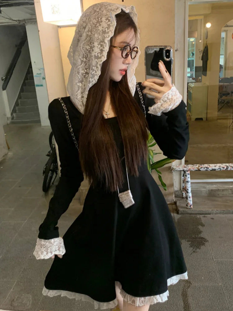 Women's French Lace Patchwork Y2K Dress Hooded Long Sleeves Slim Waist A-Line Short Skirt 2025 New Spring Summer Chic Vestidos voguable