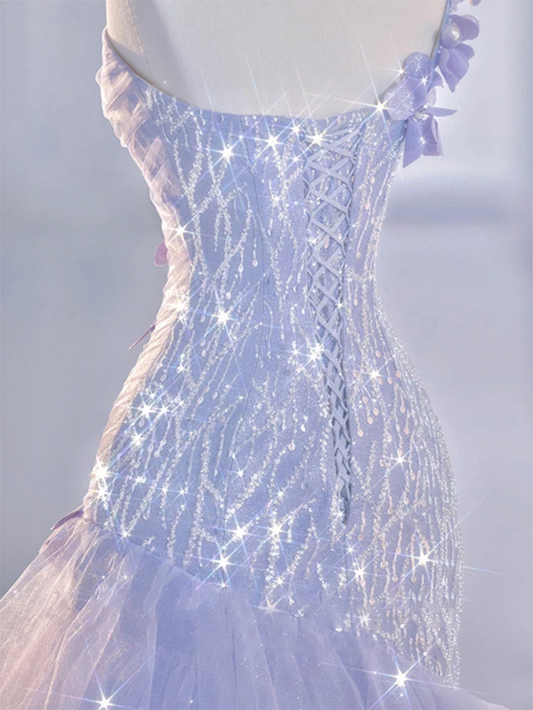 Voguable Purple Sequin Mermaid Bride Formal Evening Party Dress 3D Floar Shoulder Tulle Princess Birthday Gown for Wedding Guest voguable